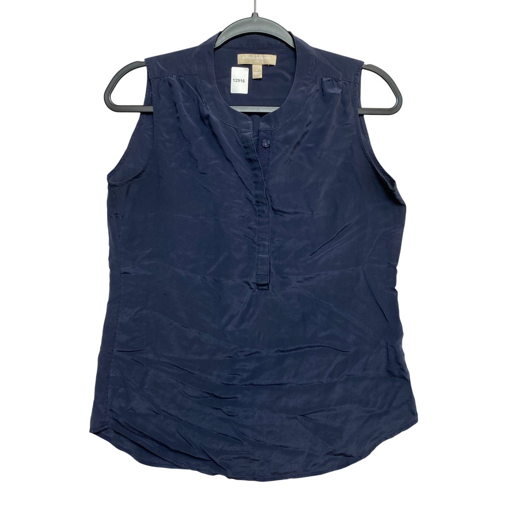 Banana Republic Blouse Womens 6 Navy Silk Sleeveless Split Neck Button-Down